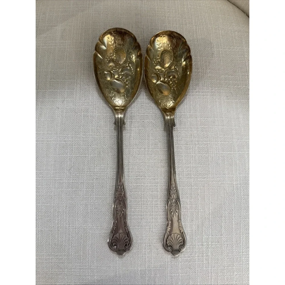 Sheffield England Embossed Fruits Silver and‎ Gold Plated Serving Spoons 8 1/2